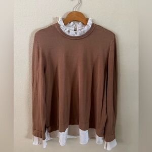 The Limited Brown and Cream Layered Light Sweater Scalloped Ribbed Mock Neck